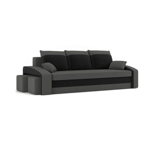HEWLET kanapéágy 2 db puffal, normál szövet, hab töltőanyag, bal oldali puff tároló, szürke / fekete