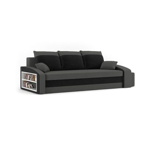 HEWLET kanapéágy polccal és 2 db puffal, normál szövet, hab töltőanyag, bal oldali polc, jobb oldali puff tároló, szürke / fekete