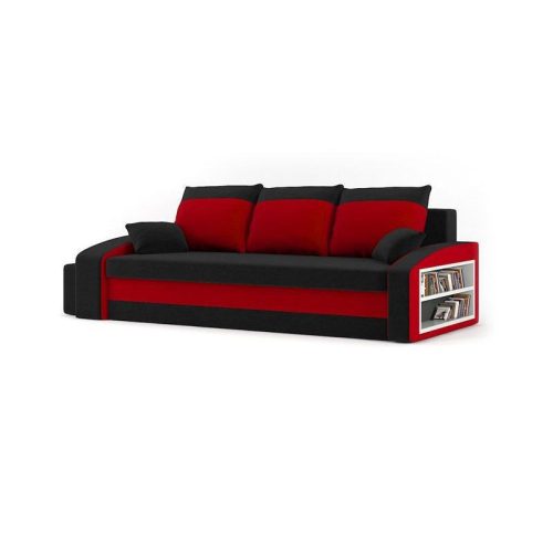 HEWLET kanapéágy polccal és 2 db puffal, normál szövet, hab töltőanyag, jobb oldali polc, bal oldali puff tároló, fekete / piros