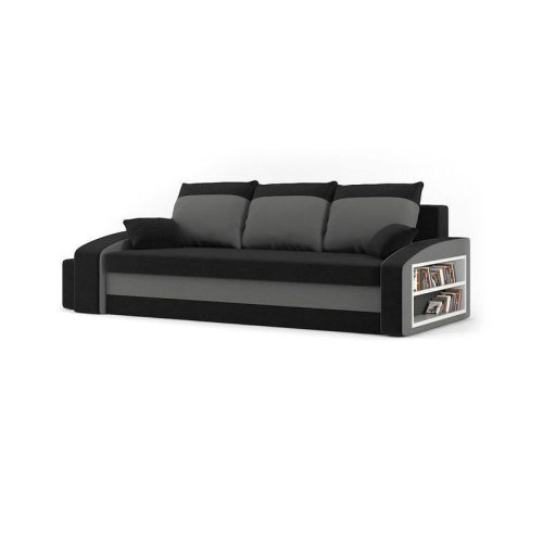 HEWLET kanapéágy polccal és 2 db puffal, normál szövet, hab töltőanyag, jobb oldali polc, bal oldali puff tároló, fekete / szürke
