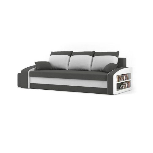HEWLET kanapéágy polccal és 2 db puffal, normál szövet, hab töltőanyag, jobb oldali polc, bal oldali puff tároló, szürke / fehér