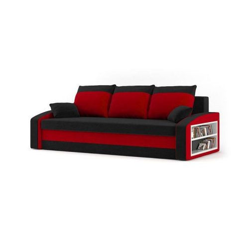HEWLET kanapéágy polccal, normál szövet, hab töltőanyag, jobb oldali polc, fekete / piros